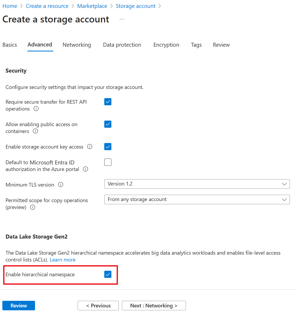 Screenshot of the Create a storage account page advanced tab.