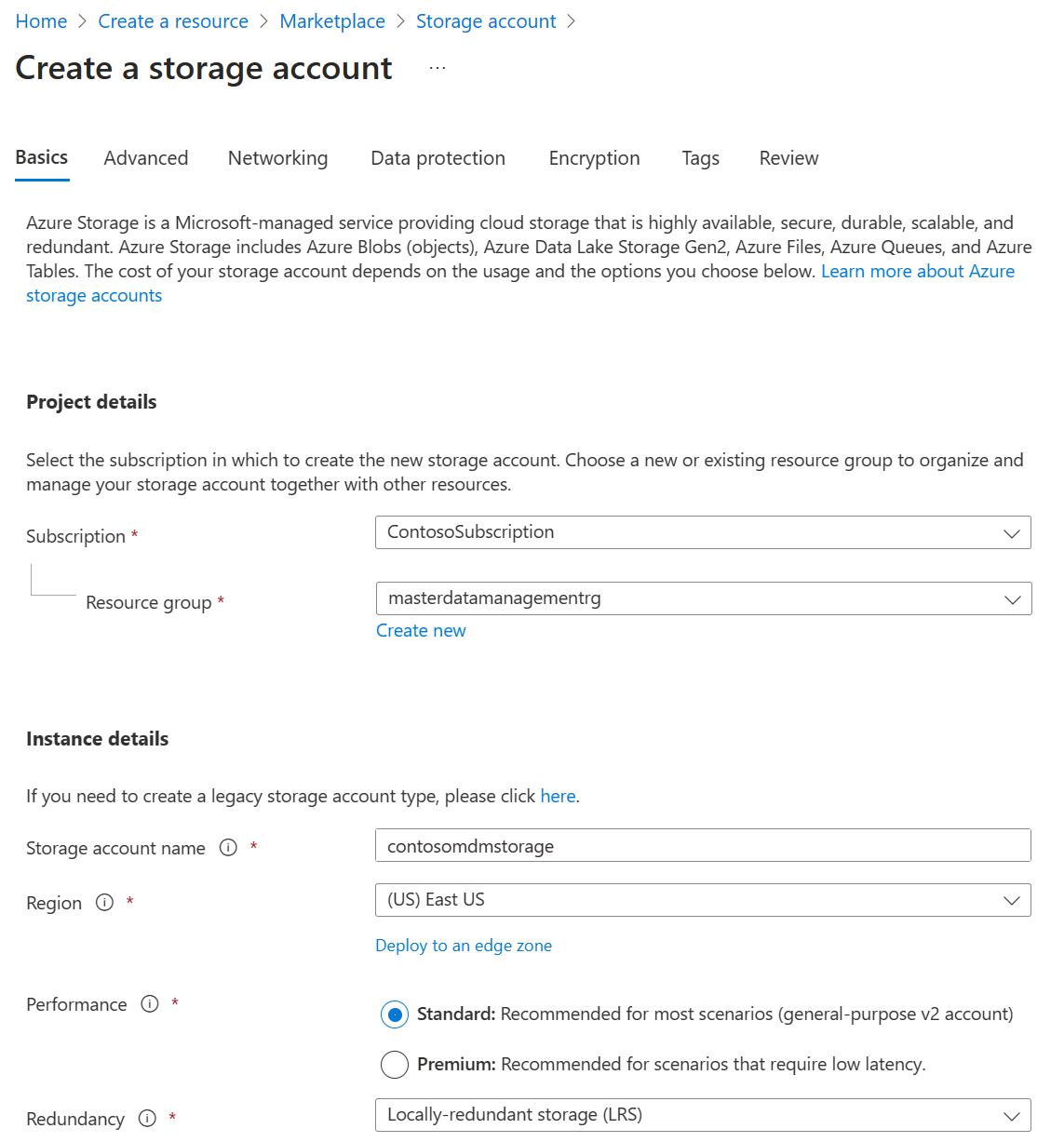 Screenshot of the Create a storage account page basics tab.