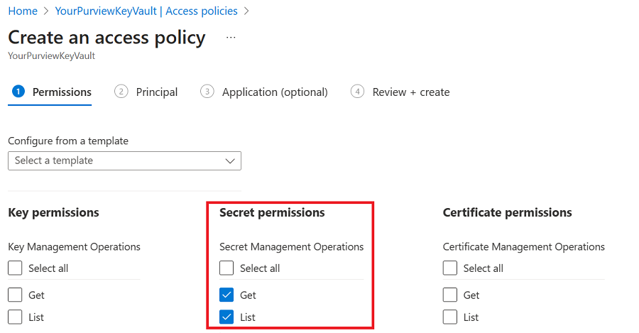 Screenshot that shows the get and list operations selected under the secret permissions list.