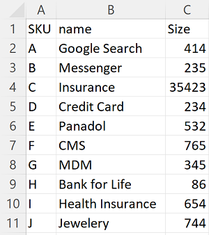 Screenshot of sample data in Products.csv.