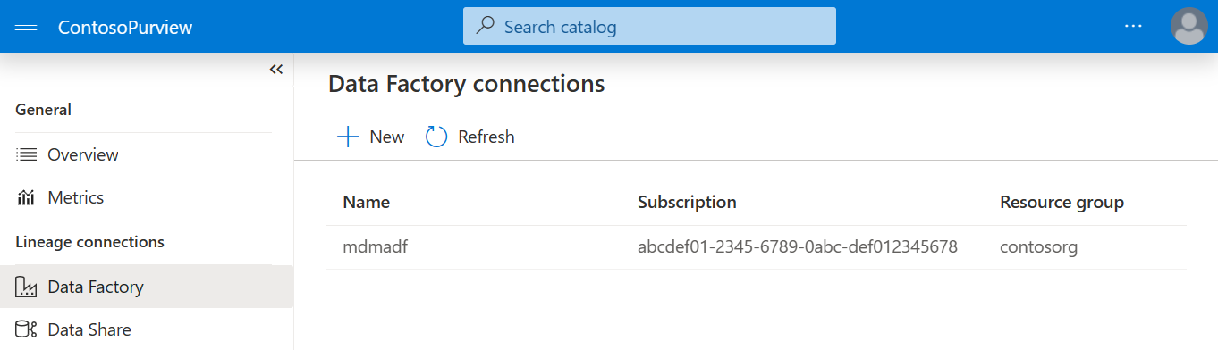 Screenshot of a data factory connection in Microsoft Purview.