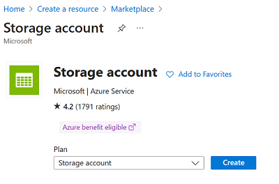 Screenshot of the Azure Marketplace showing a Storage account.