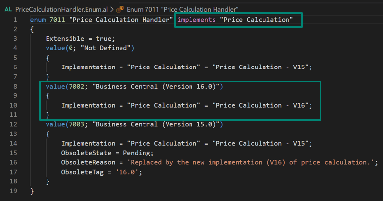 Screenshot of AL code with implements price calculation and the implementation highlighted.