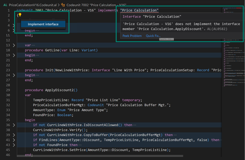 Screenshot of AL code with implement interface the price calculation interface highlighted.
