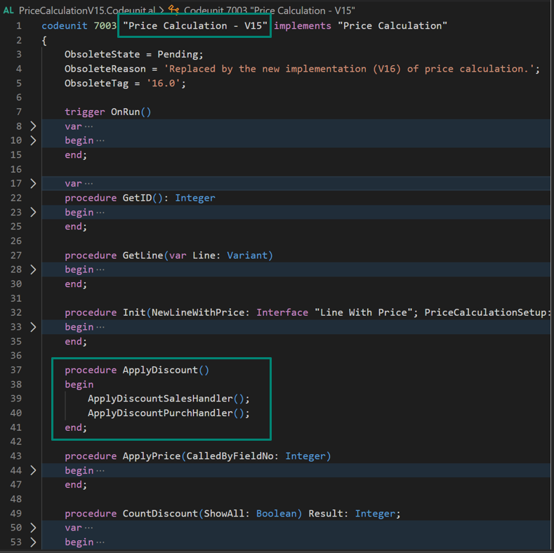 Screenshot of AL code with price calculation version 15 and the ApplyDiscount procedure highlighted.
