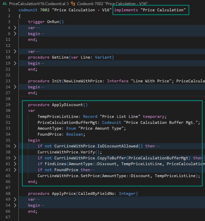 Screenshot of AL code with implements Price Calculation and ApplyDiscount procedure highlighted.