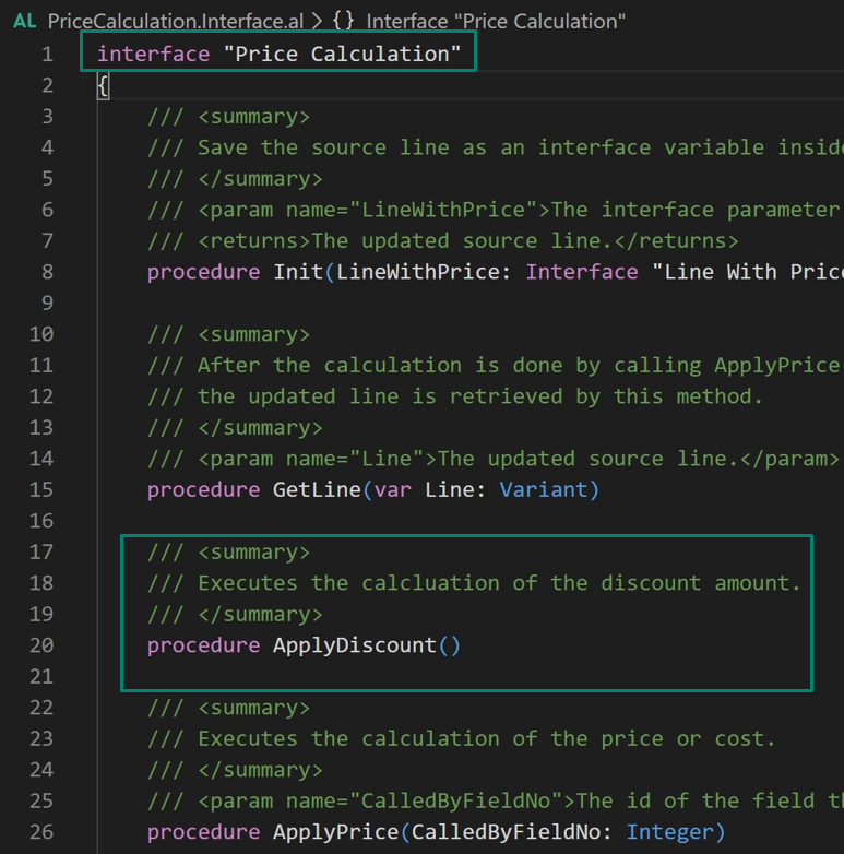 Screenshot of AL code for the Price Calculation interface with the ApplyDiscount procedure highlighted.