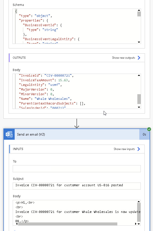 Screenshot showing how the Power Automate flow runs and sends an email by using the extension.