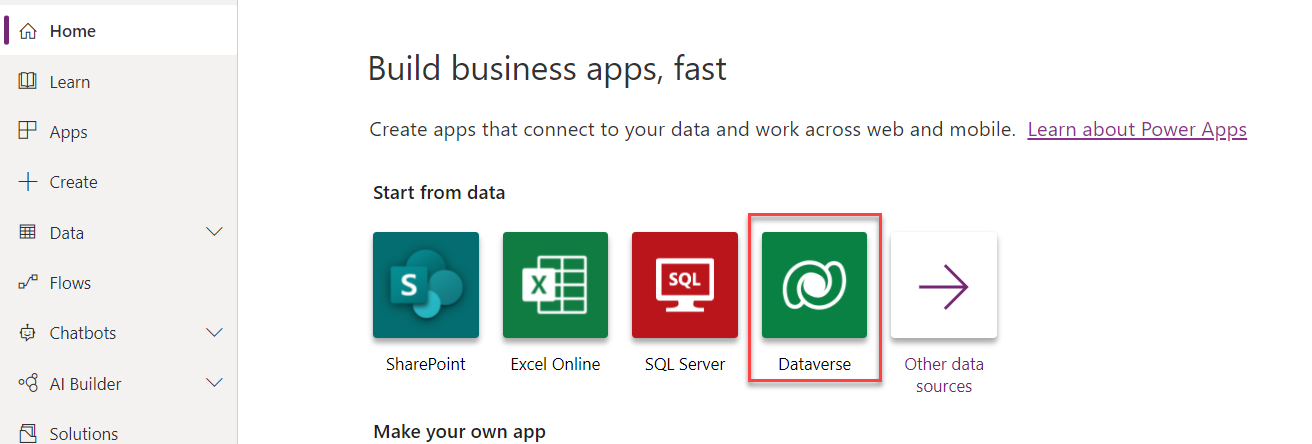 Screenshot of Power Apps maker portal home page with the Dataverse link highlighted.