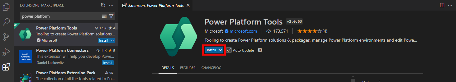 Screenshot of the Install button for the Power Platform extension.