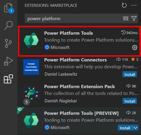 Screenshot of the Power Platform extension for Visual Studio.