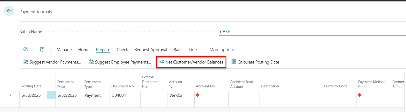 Screenshot of the Payment Journals page on the Prepare tab.