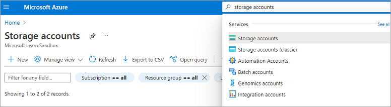 Screenshot showing search results for Storage Account search.