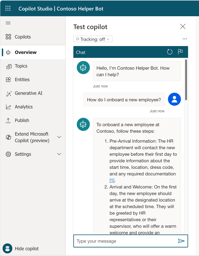 Screenshot showing the chat window in Copilot Studio with an ongoing dialogue with the chatbot on employee procedure information.