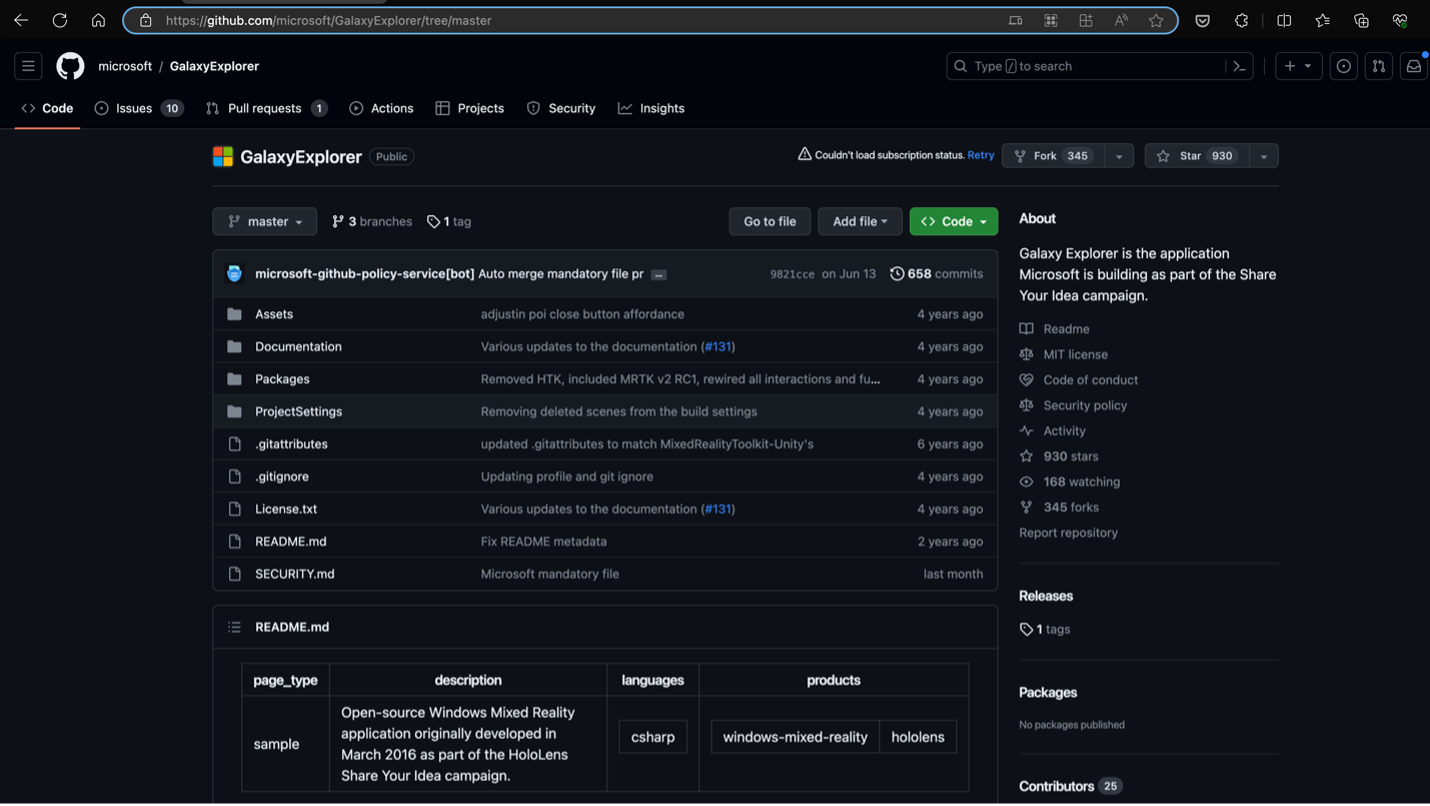 Screenshot of homepage for Galaxy Explorer sample on GitHub.