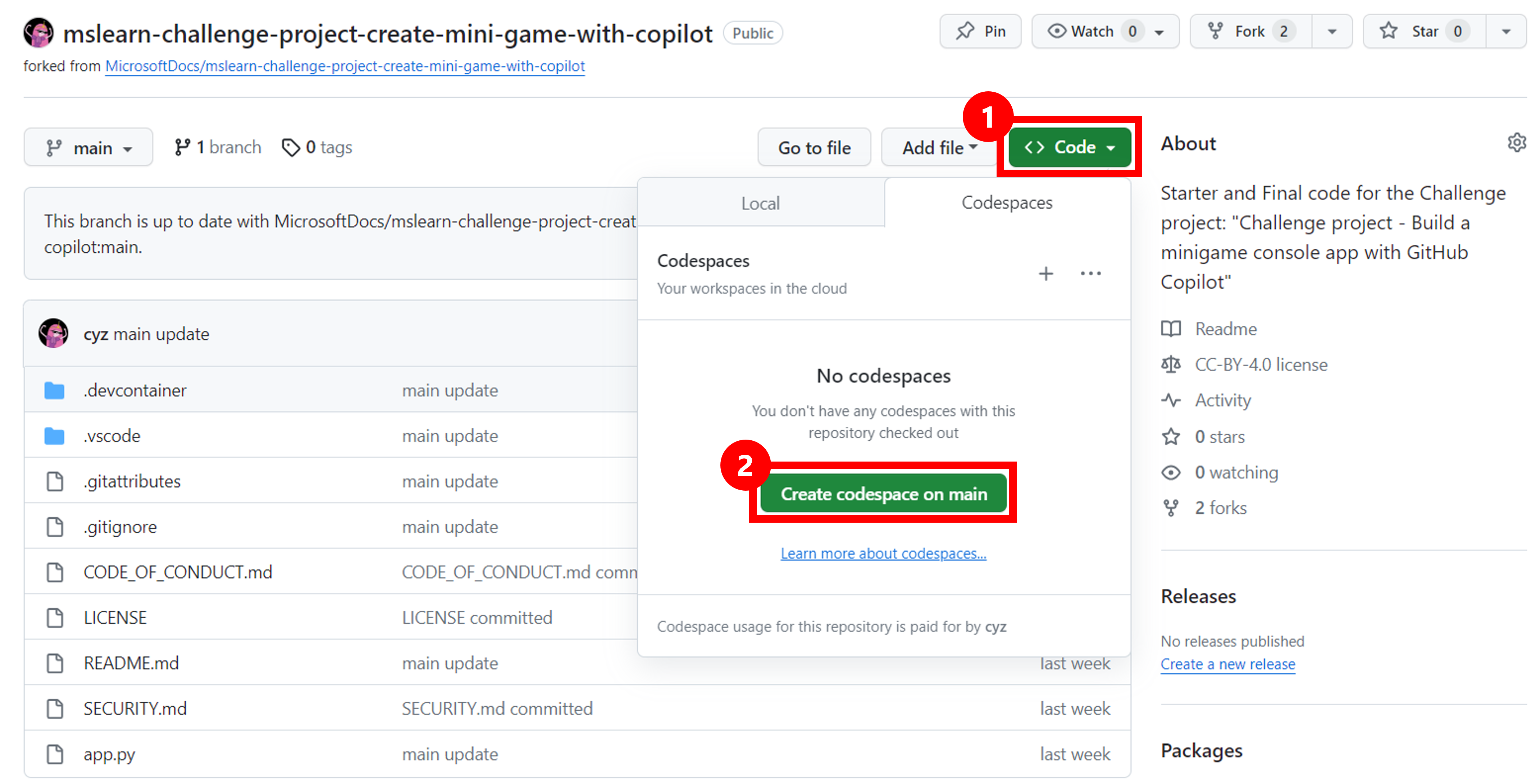 Screenshot of your forked repository highlighting the Code and Create codespace on main buttons.