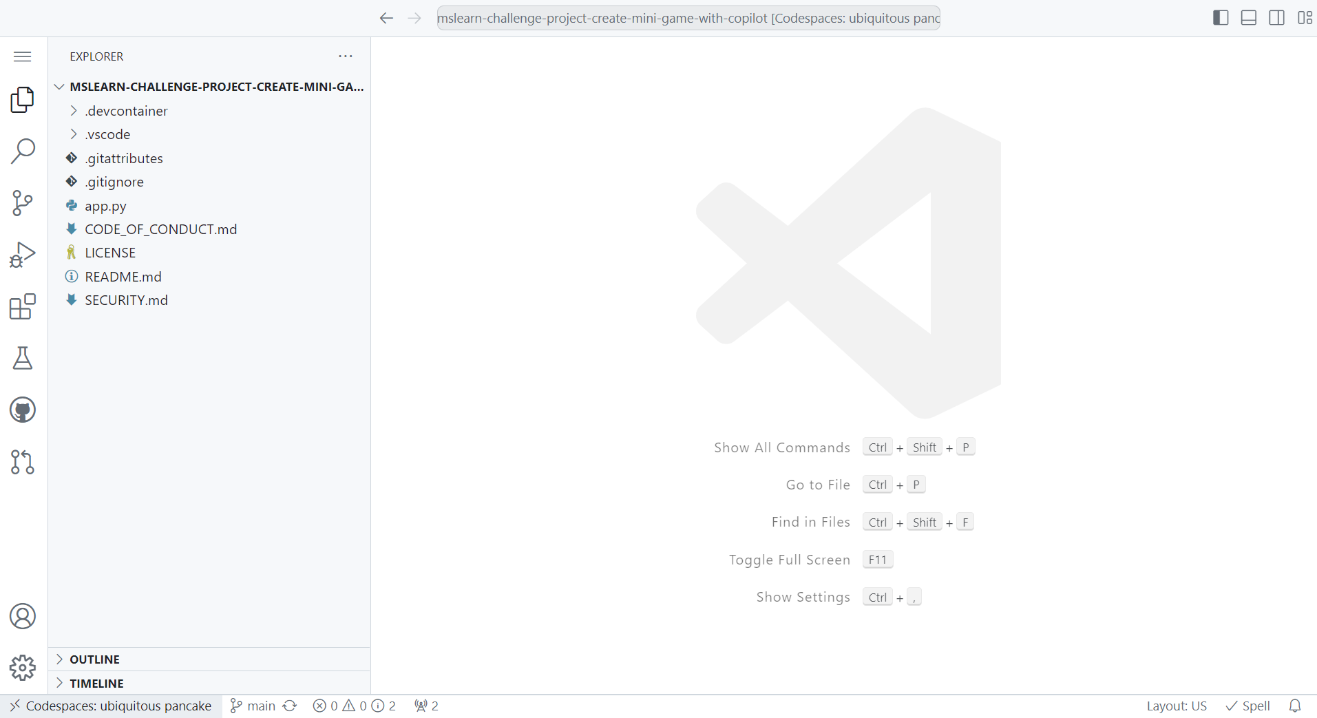 Screenshot of Codespaces running a Visual Studio Code experience on browser