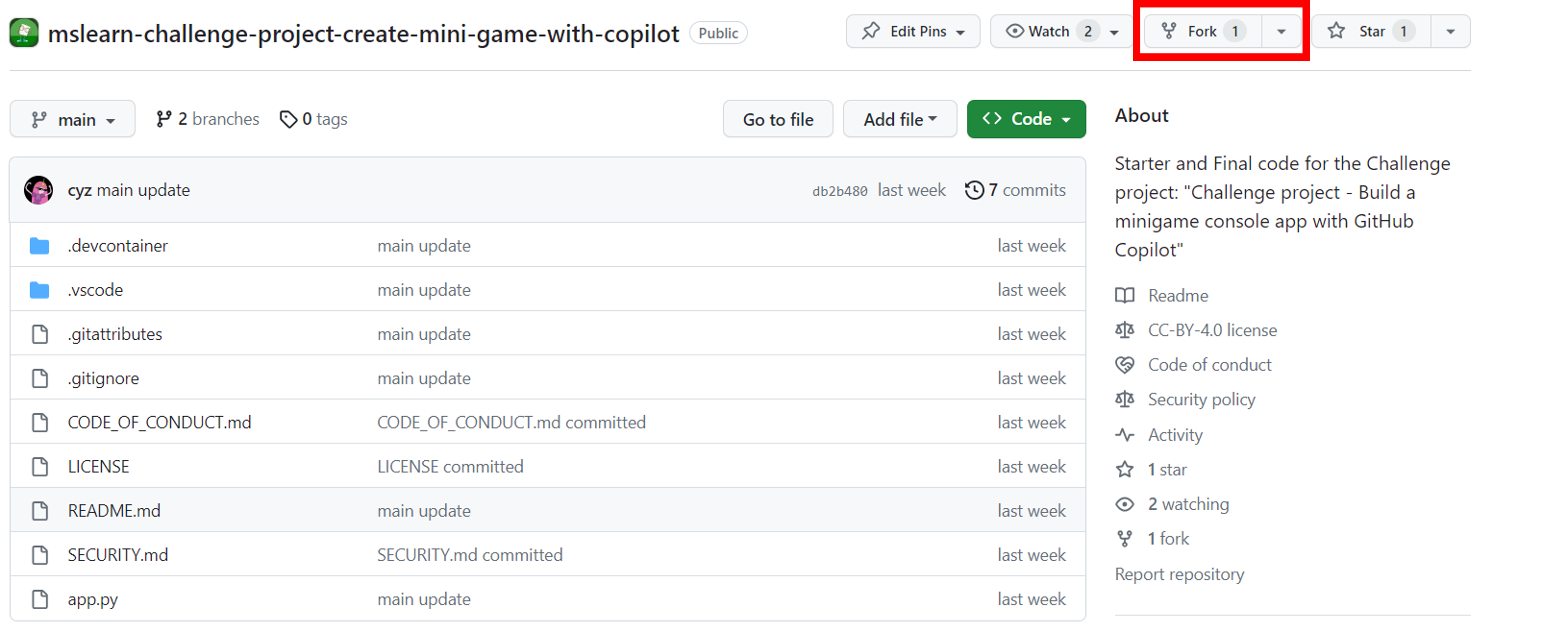 Screenshot of Visual Studio Code remote try python template repository with the Fork button highlighted.