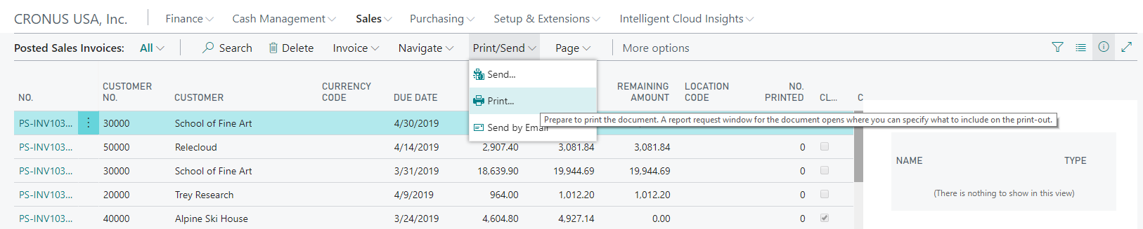 Screenshot of the Print An Invoice feature on the Posted Sales Invoices page.