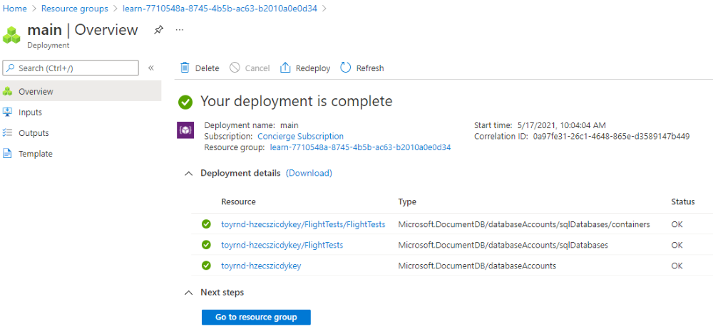 Screenshot of the Azure portal interface for the specific deployment, with three Cosmos DB resources listed.
