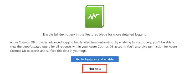 Screenshot of the Azure portal interface for the Azure Cosmos DB account showing Diagnostic settings page with prompt to enable full-text query.