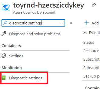 Screenshot of the Azure portal interface for the Azure Cosmos DB account, showing the search field with 'Diagnostic settings' entered and the 'Diagnostic settings' menu item highlighted.