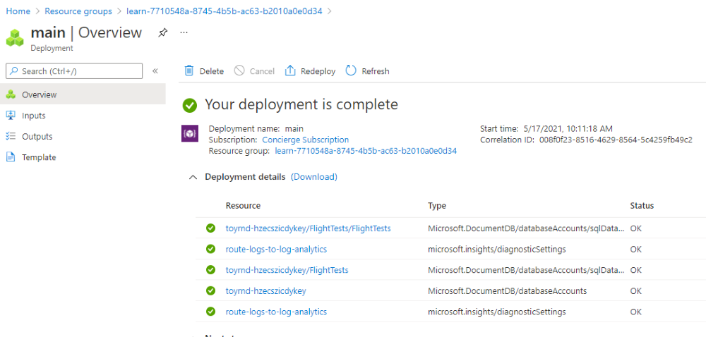 Screenshot of the Azure portal interface for the specific deployment, with the Azure Cosmos DB resources as well as two resources with type Microsoft.Insights/diagnosticSettings.