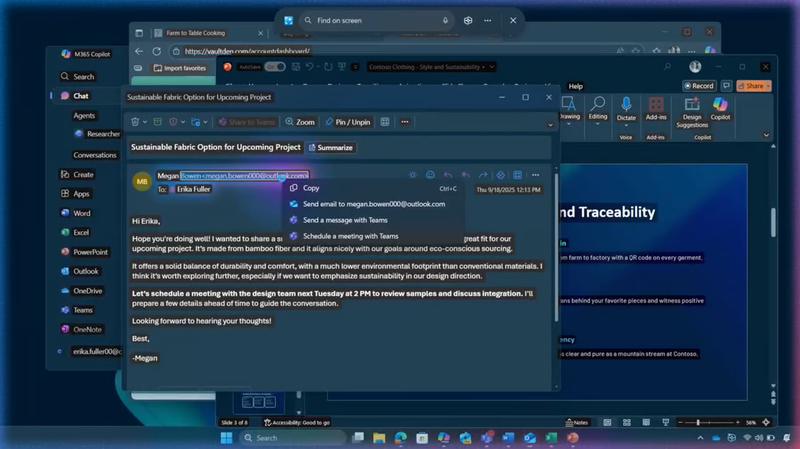 A screenshot of Click to Do showing options to start a Teams message or schedule a meeting when an email address is selected.