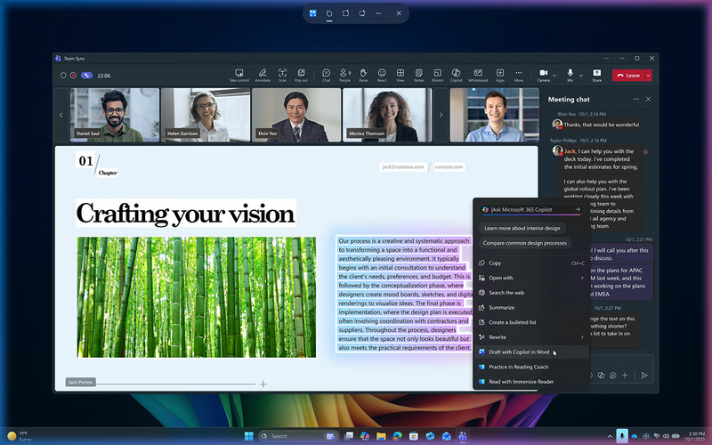 A screenshot of Click to Do showing actions such as copy, summarize, rewrite, and draft with Copilot when text is selected in a document.