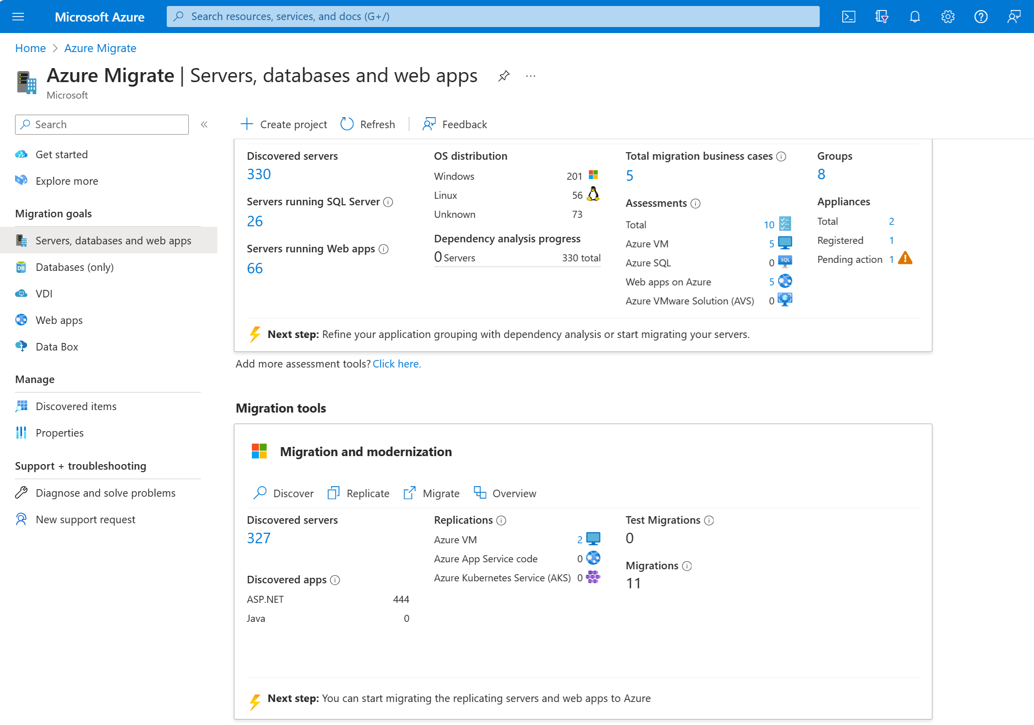 Screenshot of the Azure Migrate servers, databases and web apps page in the Azure portal.