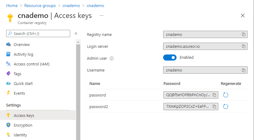 Screenshot that shows the Access keys page for the container registry with Admin user selected.