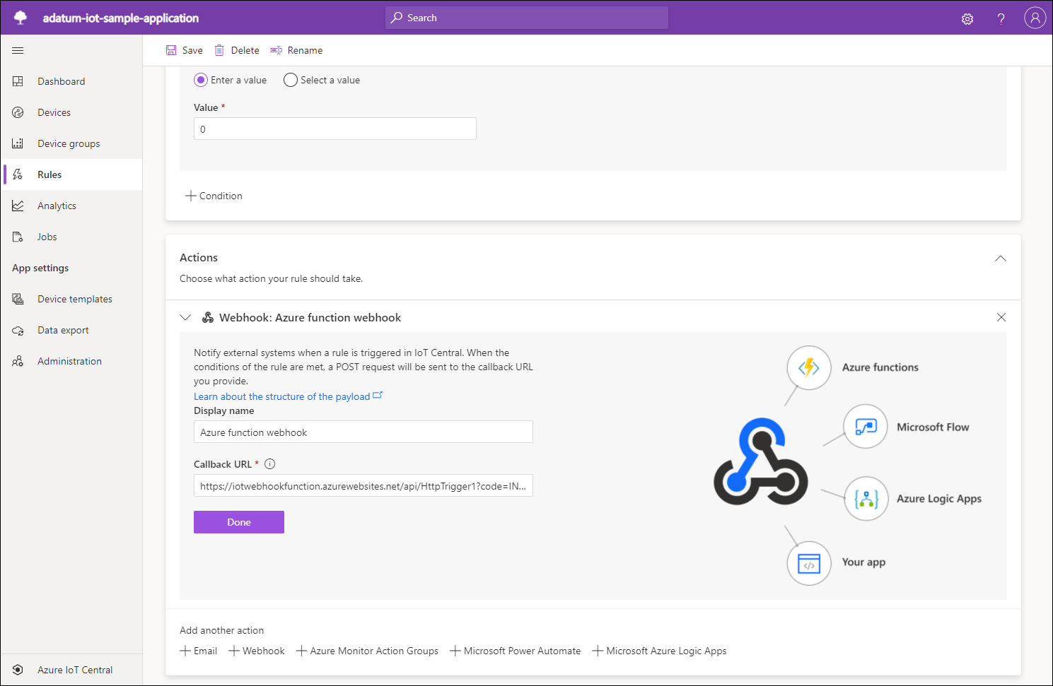 Screenshot of the second part of the sample Azure IoT Central application rule.