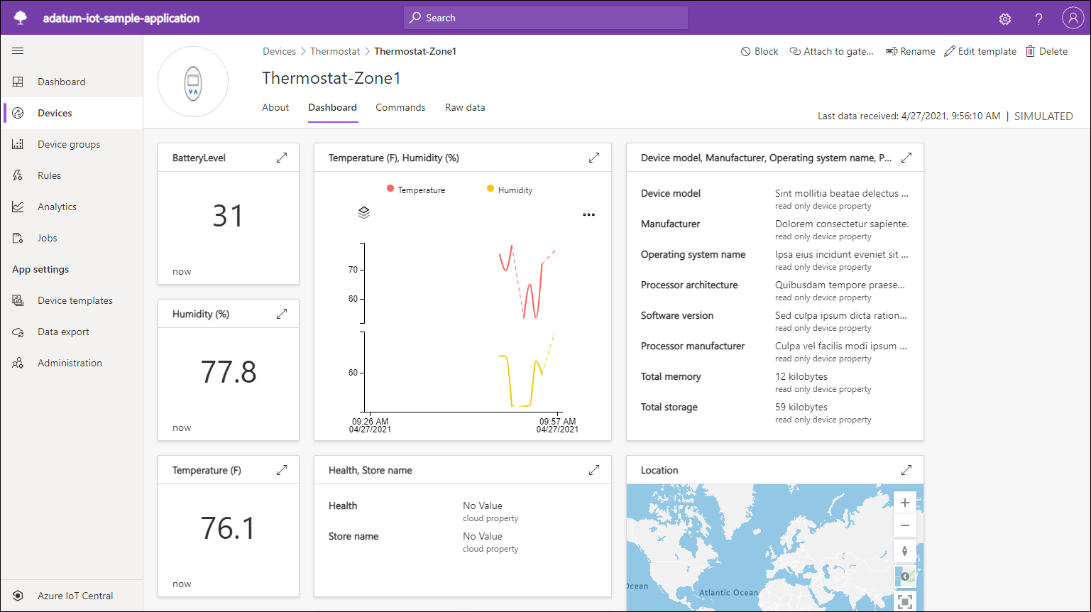 Screenshot of the Dashboard tab of the 'Thermostat-Zone1' device pane in the IoT Central Application portal.