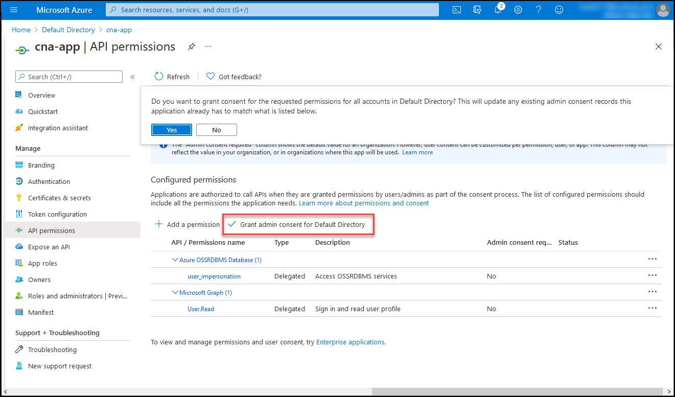 Screenshot of the cna-app API permissions blade in the Azure portal, with the prompt to confirm granting of the admin consent.