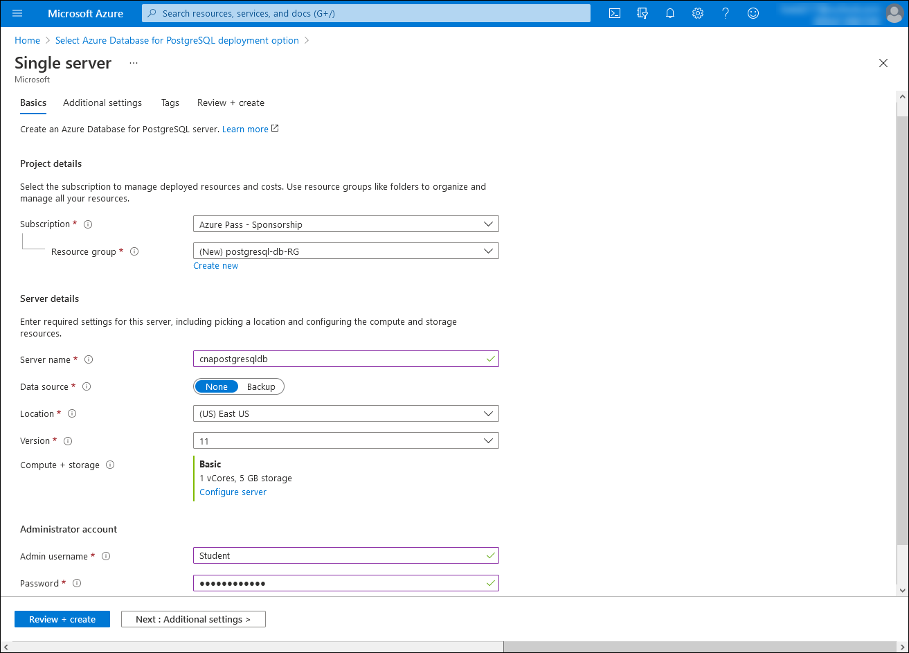 Screenshot of the Basics tab of the server blade in the Azure portal.