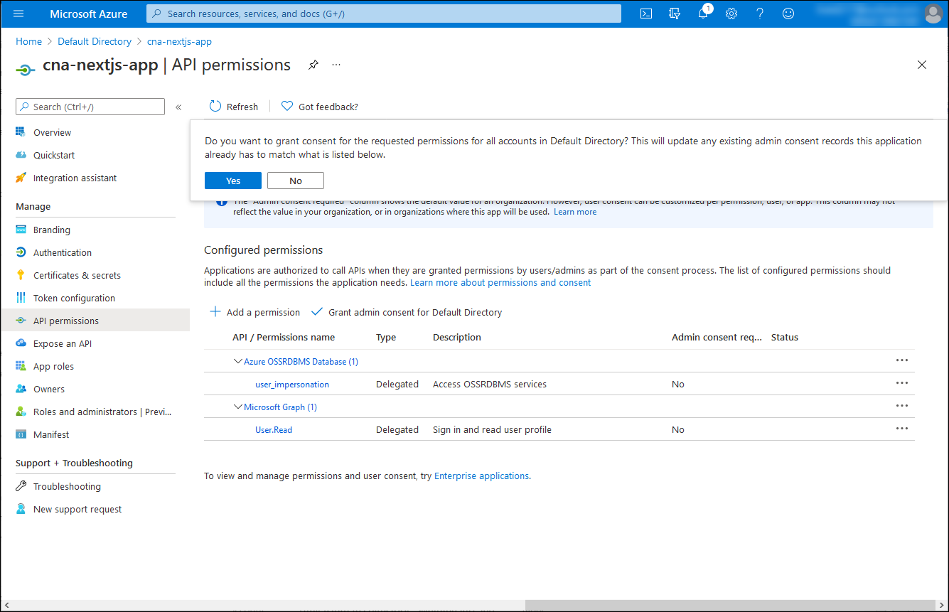 Screenshot of the cna-nextjs-app API permissions blade in the Azure portal, with the prompt to confirm granting of the admin consent.