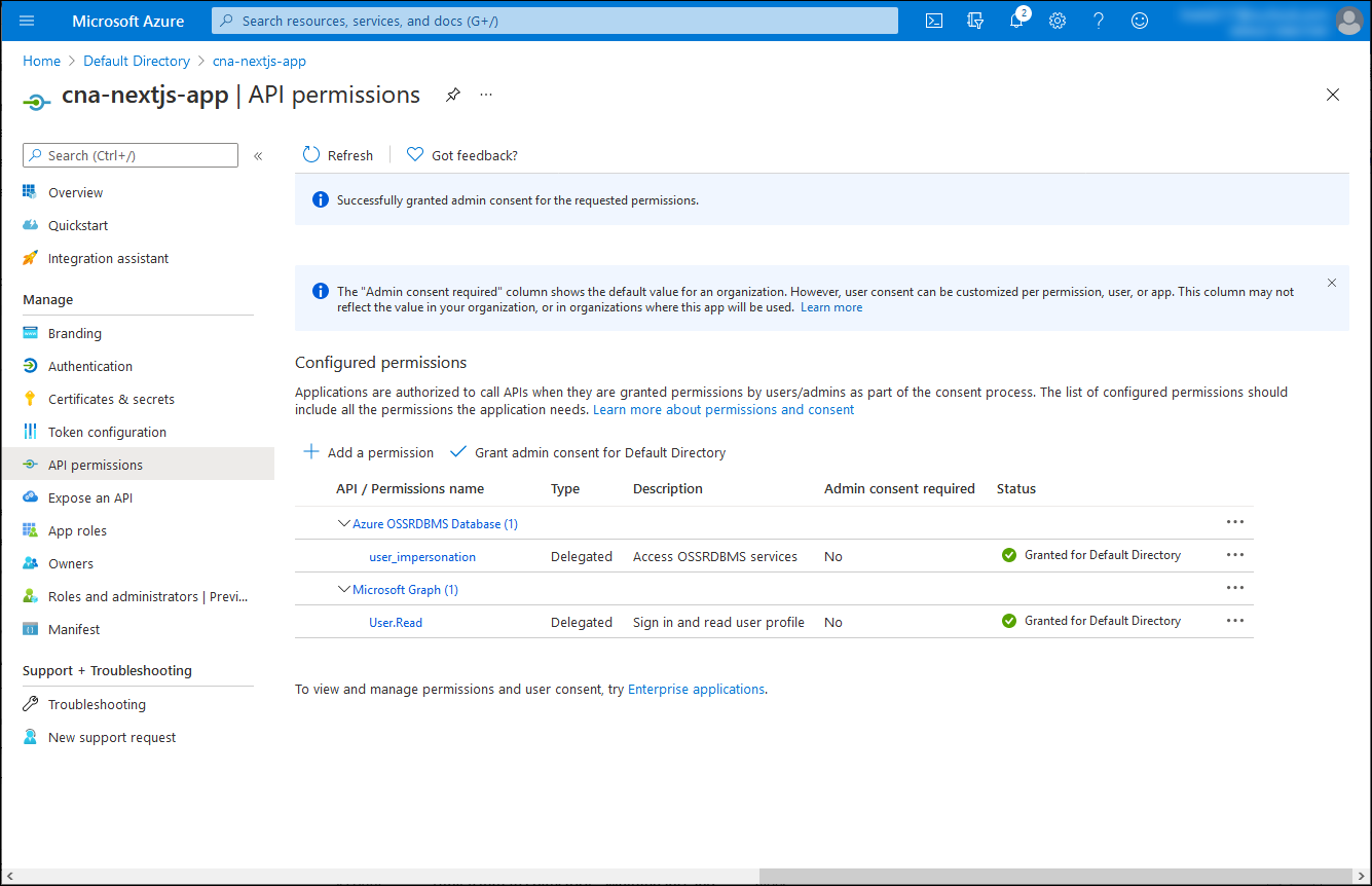 Screenshot of the cna-nextjs-app API permissions blade in the Azure portal, with the consent and permissions granted.