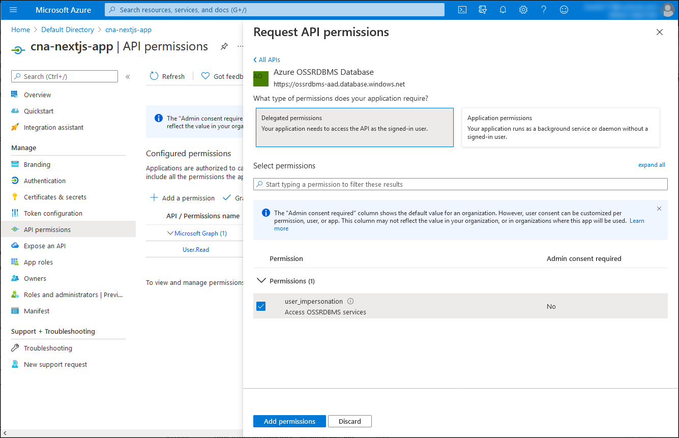Screenshot of the Request API permissions blade in the Azure portal, with the Delegated permissions option selected.