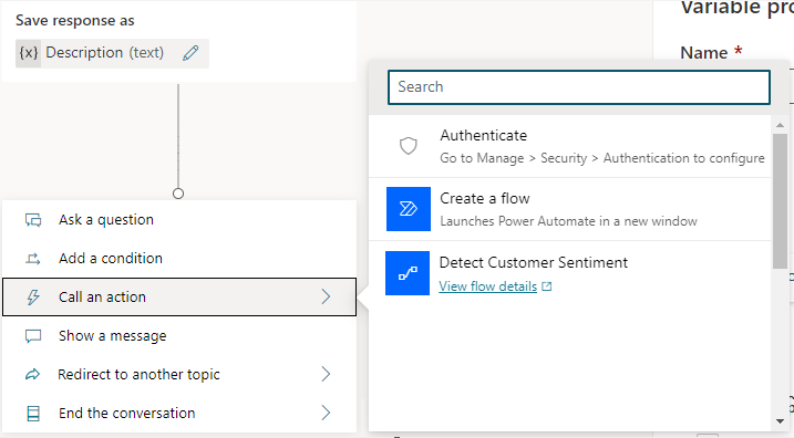 Screenshot showing Call an action selected to reveal the Detect Customer Sentiment option.