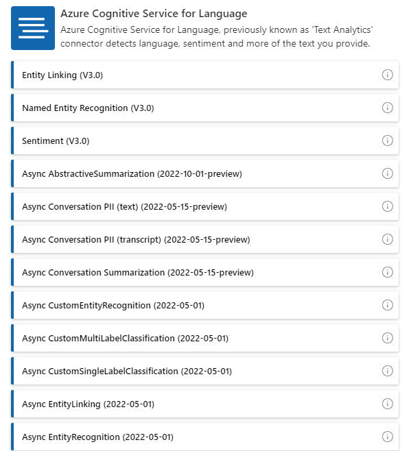 Screenshot of the Azure AI Service for Language dialog on the Actions tab.