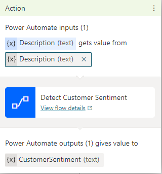 Screenshot of the Action pane showing Description as an input and Customer sentiment as an output.