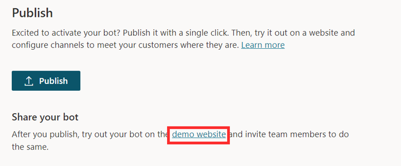 Screenshot of the option to demo your bot from the Share your bot section.
