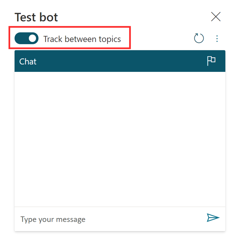 Screenshot of the Track between topics option within the test bot window.