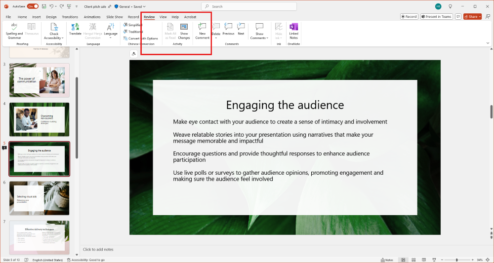 Screenshot showing the location of the New comment button in Microsoft Powerpoint.
