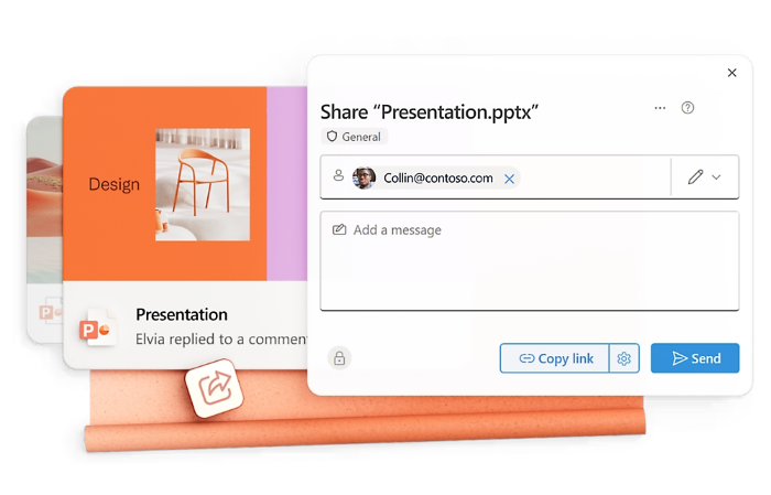 An illustration showing PowerPoint interface showing a sharing dialog for “Presentation.pptx,” with options to email the file or copy a link. Slide thumbnails are visible in the background