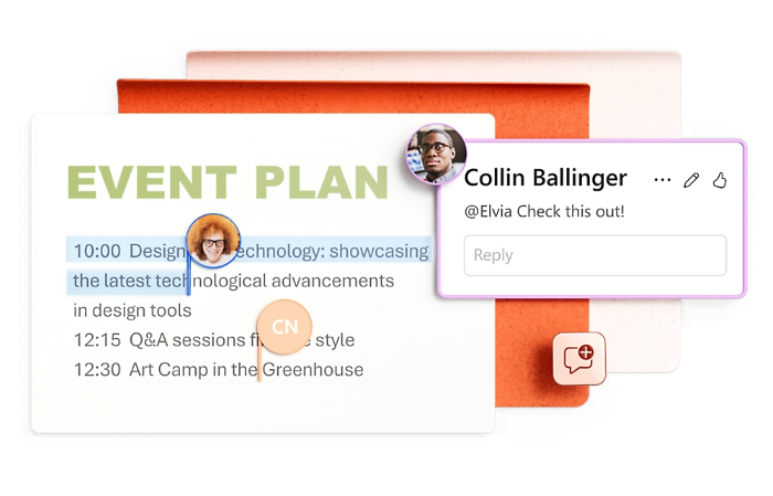 An illustration of a PowerPoint slide showing an event schedule with a comment tagging Elvia. The schedule includes sessions on design technology, Q&A, and an art camp.
