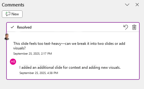 Screenshot showing direct Resolved comment with collaborators in PowerPoint.