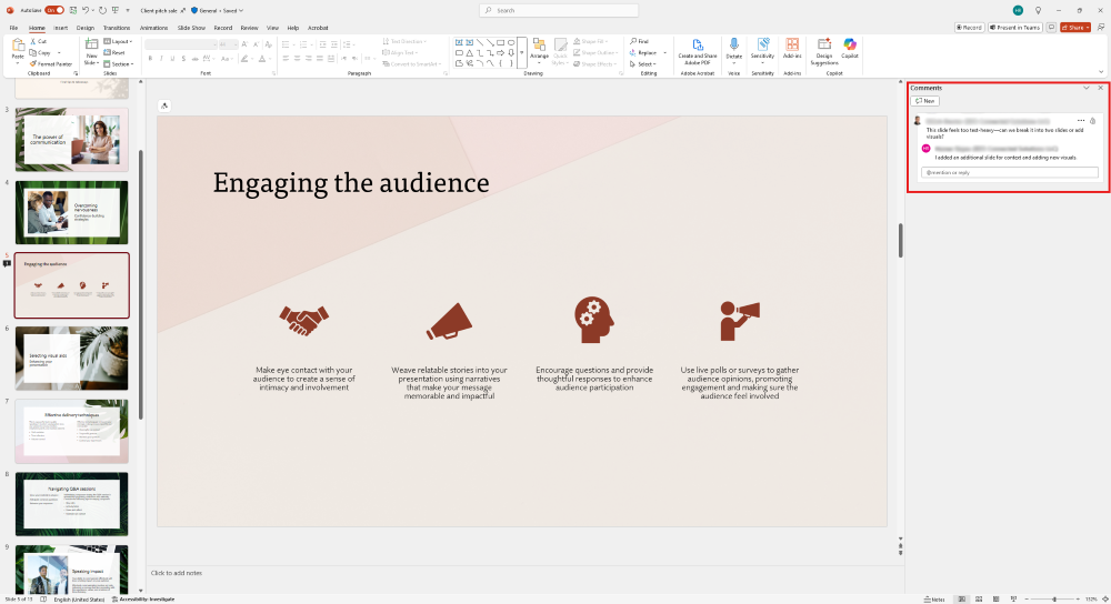 Screenshot showing the location of the Resolved comment button in Microsoft Powerpoint.