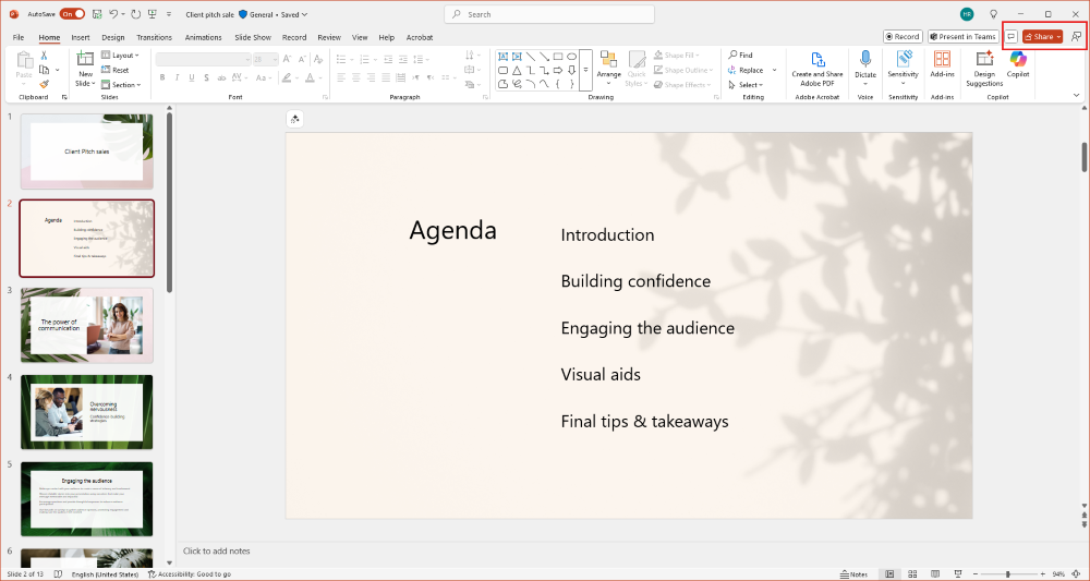 Screenshot showing the location of the Share button in Microsoft Powerpoint.