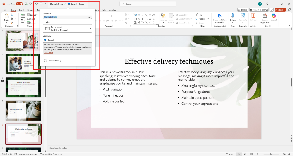 Screenshot showing the location of the Version History in Microsoft Powerpoint.